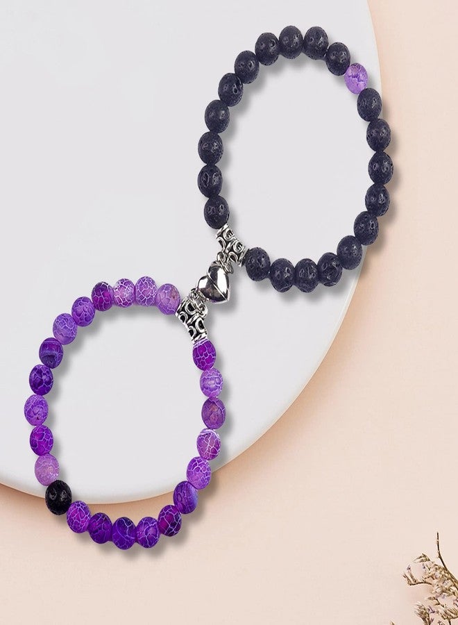 VDKIDKT Matching Couple Bracelets Healing Crystal Bracelets for Couples Matching Heart Bracelet for Lover Him & Her Boyfriend Girlfriend Valentine's Day Gifts (Purple Weathered Agate+ Black Lava Rock Stone) - Image 4